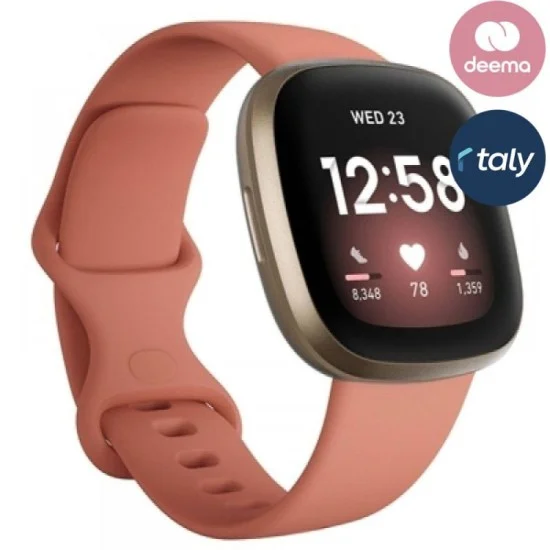 Fitbit Watch Versa 3 Fitness Aluminum Wristband With Heart Rate Tracket - Pink Clay/Soft Gold Aluminum